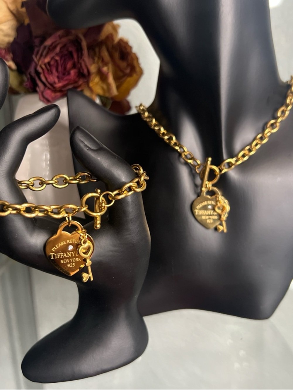 Gold Heart Tag Charm Necklace and Bracelet Set